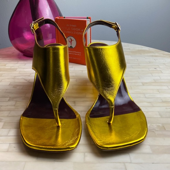 Staud Alex Metallic Leather Thong Wedge Sandals - Picture 1 of 3